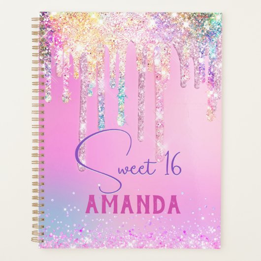 Cute unicorn roze glitter verjaardagsmonogram planner (Voorkant)