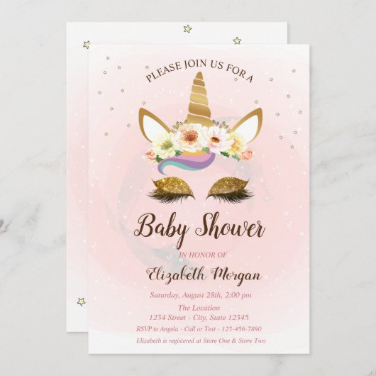 Cute Unicorn, Stars Baby shower Invitation (Devant / Derrière)
