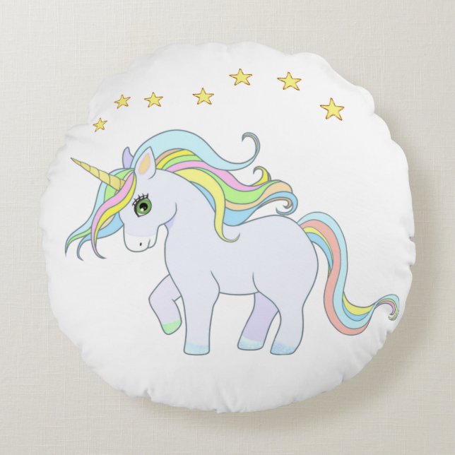 Cute Unicorn & Stars Rond Kussen (Voorkant)