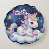 Cute Unicorn sur Cloud Editable Nom Coussin rond (Dos)