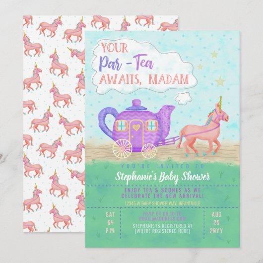 Cute Unicorn Tea Party Baby shower Invitation V2 (Devant / Derrière)