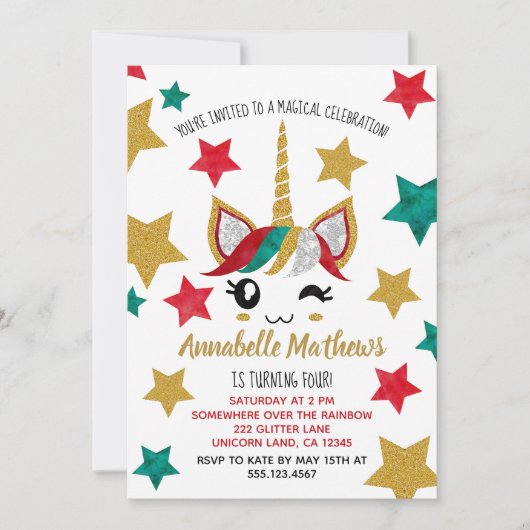 Cute Unicorn Thème Anniversaire Fête Invitation (Devant)