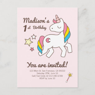 Cute Unicorn Toverstaf & Sterren Verjaardagsuitno Uitnodiging Briefkaart