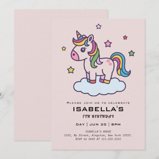 Cute Unicorns Invitation de fête d'anniversaire (Devant / Derrière)