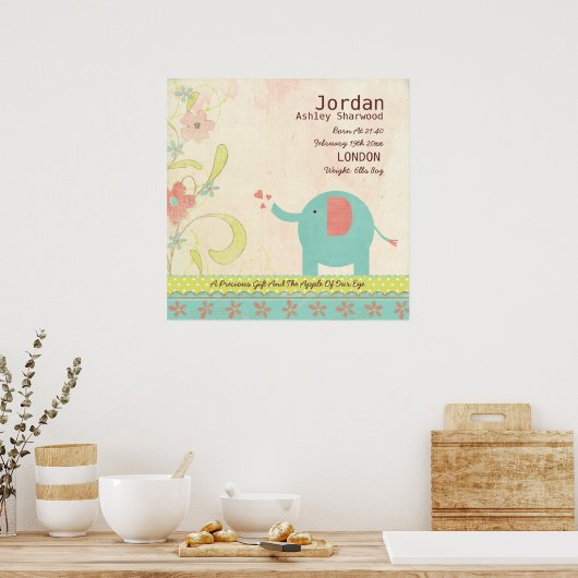 Cute Unisex Baby Birth Date Elephant Nursery Poster (Keuken)