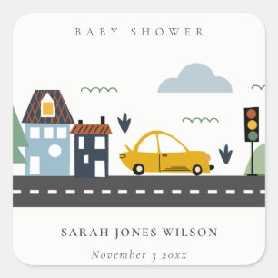 Cute Urban Vehicle Cars Road Cityscape Baby shower Vierkante Sticker