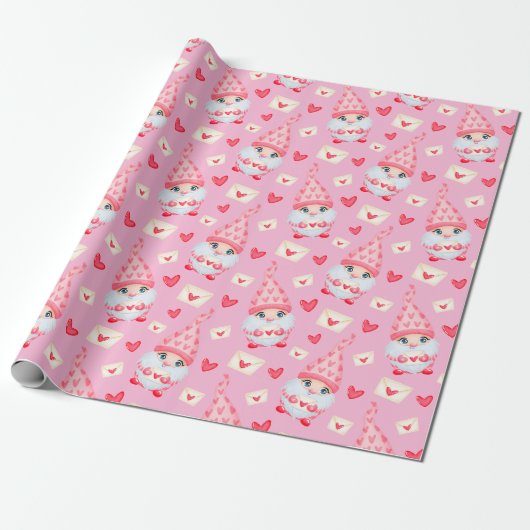 Cute Valentijnsdag Gnomes Pink Cadeaupapier (Uitgerold)