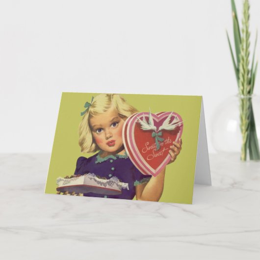 Cute Valentijnsdag, meisje met chocolade Feestdagen Kaart (Voorkant)