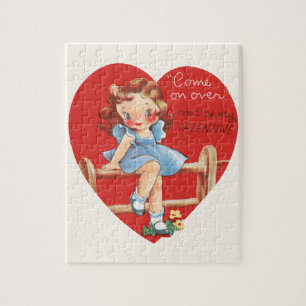 Cute Valentijnsdag, meisje op hek Legpuzzel