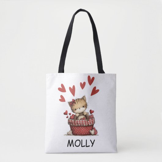 Cute Valentine Cat with Hearts Personalized Draagtas (Voorkant)