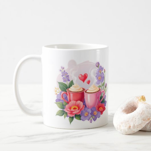 Cute Valentine Cocoa Mugs with Flowers & Hearts (Avec donut)