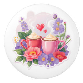 Cute Valentine Cocoa Mugs with Flowers & Hearts Keramische Knop