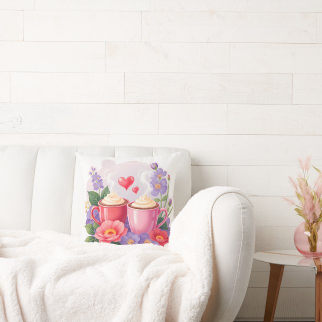 Cute Valentine Cocoa Mugs with Flowers & Hearts Kussen (Bank)
