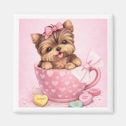 Cute Valentine Yorkie in Pink Teacup Magnet (Devant)