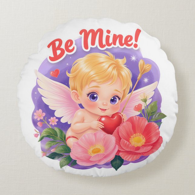 Cute Valentine's Day Cupid with "Be Mine" Rond Kussen (Voorkant)
