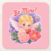 Cute Valentine's Day Cupid with "Be Mine" Vierkante Kartonnen Onderzetter (Voorkant)