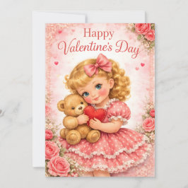 Cute Valentine's Day Girl with Teddy Bear Kaart