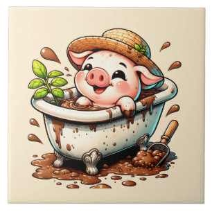 Cute varken in een modderbad badkamer tegeltje