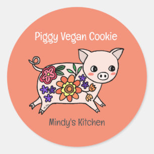 Cute Varken met Bloemen Op Maat Gebakken Koekjes S Ronde Sticker