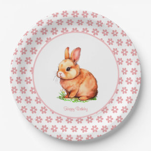 Cute Verjaardag Konijn & Bloemen op Witte Papieren Bordje