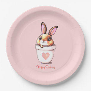 Cute Verjaardag Konijn Plant Pot op Licht Roze Papieren Bordje