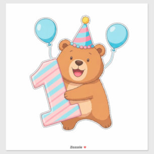 Cute Verjaardagsbeer Met Feesthoed En Ballonnen Sticker