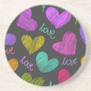 Cute Vibrant Gekrabbelde Harten met Liefdesschrift Zandsteen Onderzetter