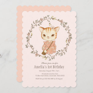 Cute Vintage Filles Chat Invitation Anniversaire