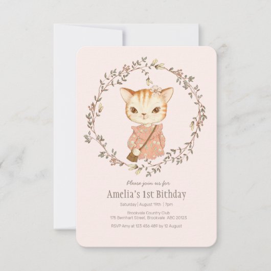 Cute Vintage Filles Chat Invitation Anniversaire (Devant)