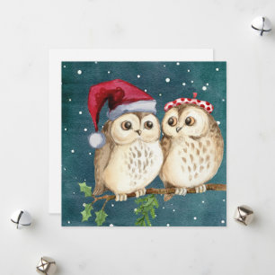 Cute Vintage Kerst Uilen Plat Feestdagenkaart