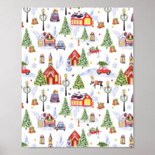 Cute Vintage-kerstdorp met kerstboom Poster