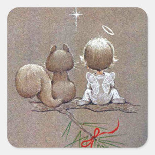Cute Vintage-kerstengel en eekhoorn Vierkante Sticker