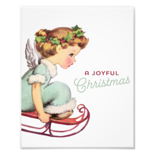 Cute Vintage-kerstengel in de Sled Wall Art Foto Afdruk