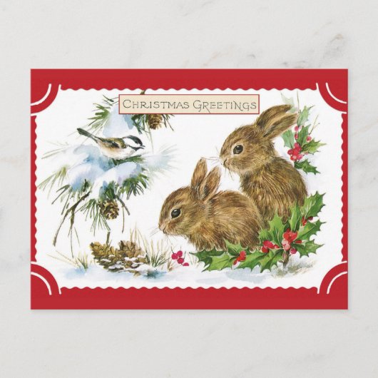Cute Vintage-kerstgroetings Bunny Rabbit Briefkaart (Voorkant)
