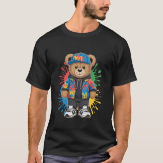 cute vintage teddybear in street wear splash colou t-shirt