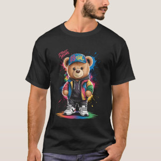 cute vintage teddybear in street wear splash colou t-shirt