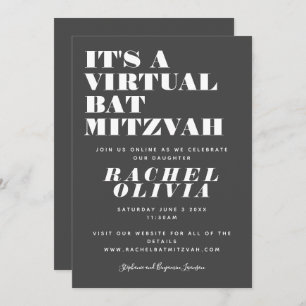 Cute Virtual Online Black en White Bat Mitzvah Kaart