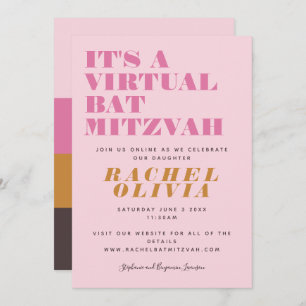 Cute Virtual Online Pink Yellow Bat Mitzvah Kaart