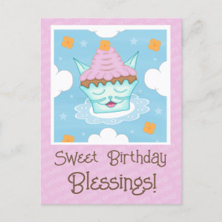 Cute Vliegende Kitty Kat Gezicht Cupcake Verjaarda Briefkaart
