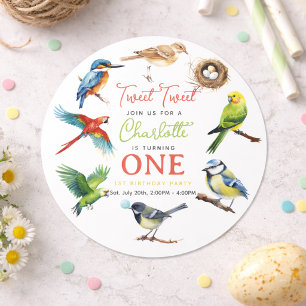 Cute Vogel 1e Verjaardag   Zoete Baby Vogel Feestj Ronde Sticker