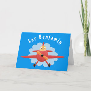 Cute vogel vliegende rode vliegtuig cartoon illust kaart