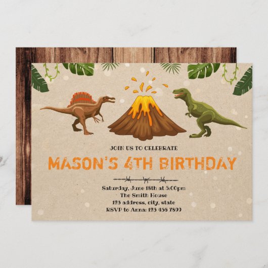 Cute volcan dinosaure invitation (Devant / Derrière)