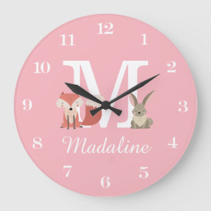 Cute Vos En Konijn Baby Meisje Monogram Roze Grote Klok