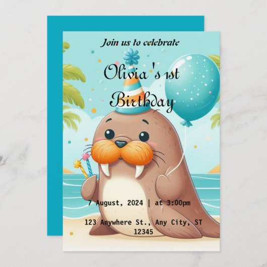 Cute Walrus Invitation à thème 1er anniversaire (Devant / Derrière)