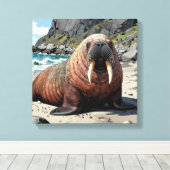 Cute Walrus on a Sandy Beach  Canvas Afdruk (Insitu (Houten vloer))