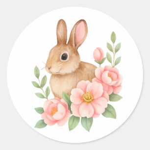 Cute Watecolor Konijn en Roze Bloemen Verjaardag Ronde Sticker