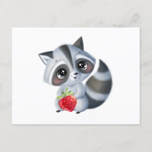 Cute Watercolor Baby Wasbeer met Aardbei Fruit Briefkaart