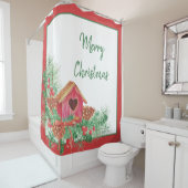 Cute watercolor birdhouse Christmas Holiday Douchegordijn (In situ)