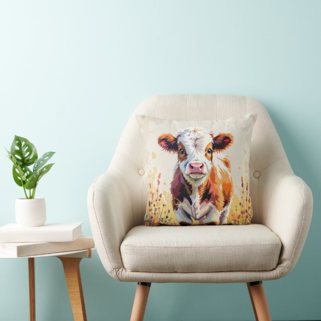 Cute Watercolor Calf In Field Flowers Kussen (Stoel)