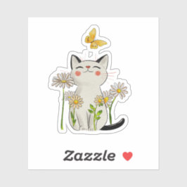 Cute Watercolor Cat with Daisies and Butterfly Sticker